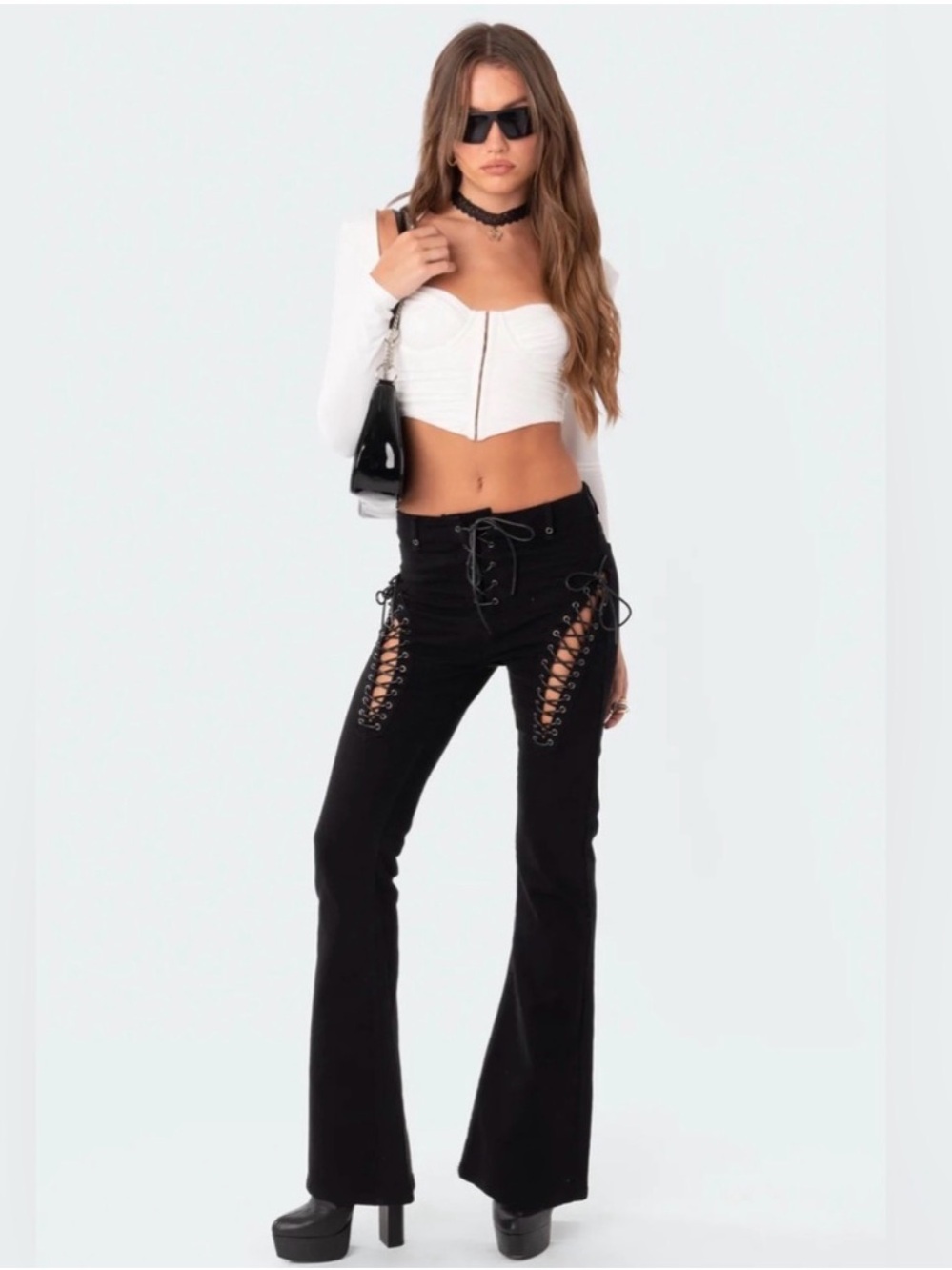 Edikted Black Lace-Up Boot Cut Pants